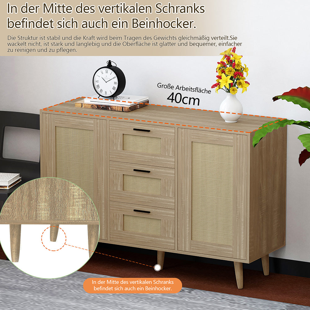 Schubladenkommode Rattantür,Standschrank,Kommode mit 3 Schubladen und 2 Türen,für Schlafzimmer & Wohnräume & Büro, Eingangsbereiche und Wohnräumer,Sideboard Highboard mit viel Stauraum120 x 80.5 x 40cm