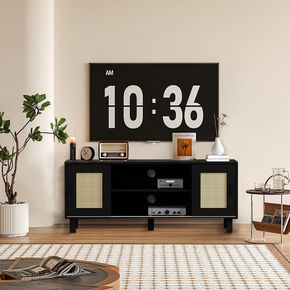 TV Lowboard,TV-Schrank mit 2 Schiebetüren aus Rattantüren,Moderner TV Sideboard,Aufbewahrungsschrank,Standschrank,für Wohnzimmer, Esszimmer, Schlafzimmer,Fernsehschrank für Wohnzimmer 115x40x48cm