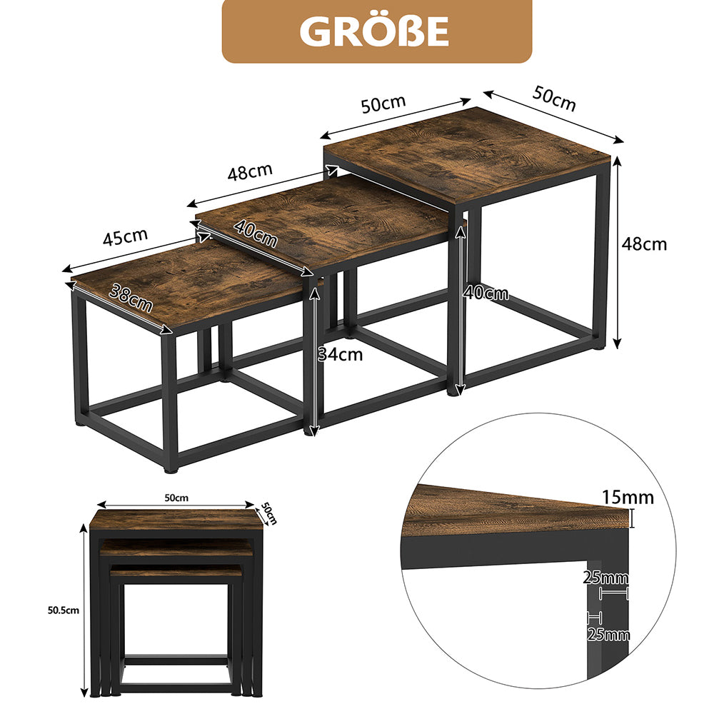 Couchtisch 3 Stücke Beistelltisch Quadrat,Couchtisch aus MDF,Satztisch mit Metallrahmen, Sofatisch, Schlafzimmer & Büro,Kaffeetisch, Laptoptisch, einfacher Aufbau, für Wohnzimmer