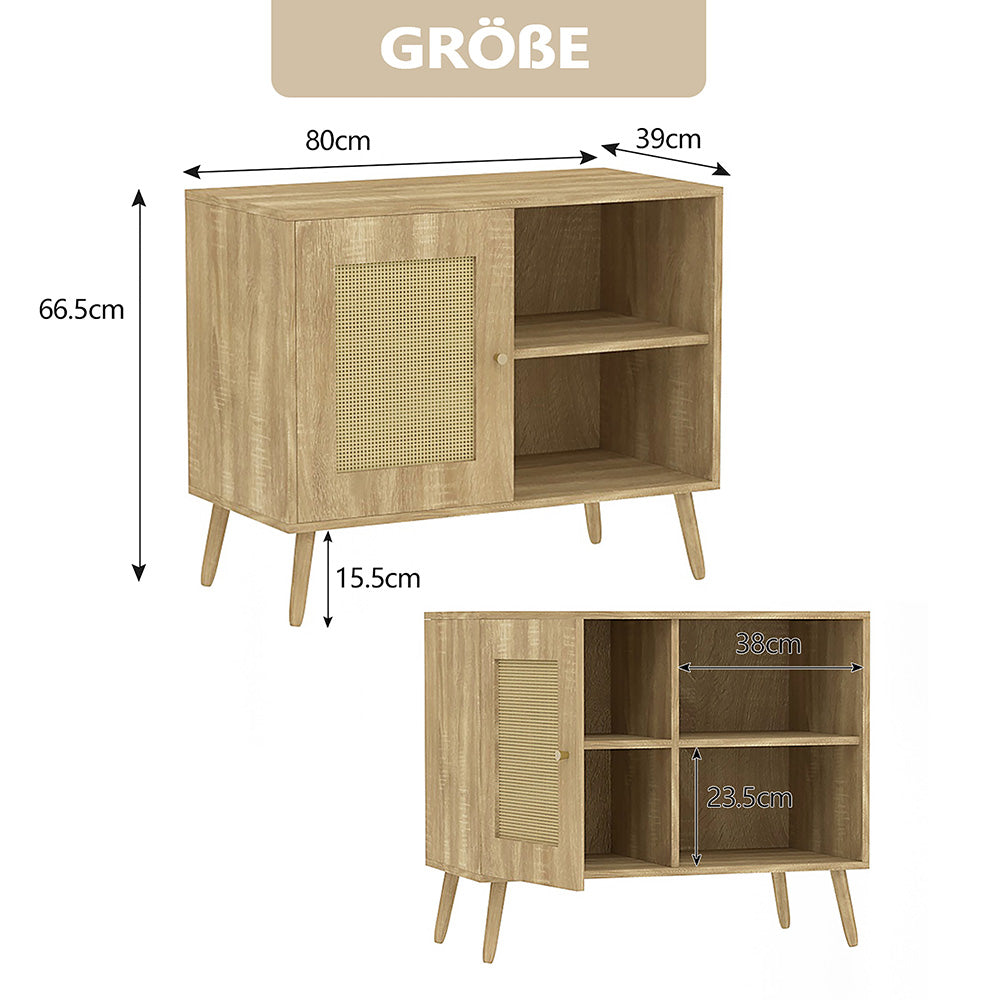 Sideboard Beistellschrank Küchenschrank mit 1 Tür Rattantür,2 Offenen Fächern, Massivholzbeine,Aufbewahrungsschrank, Kommode,Standschrank,Wandschrank für Küchen, Esszimmer, Flure, Wohnzimmer, Badezimmer、Eingangsbereiche und Wohnräumer 66.5x80x39cm