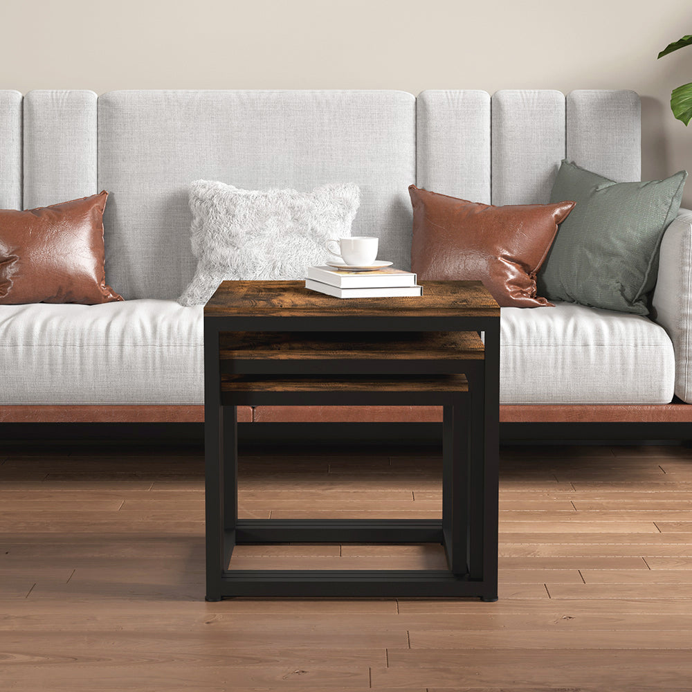 Couchtisch 3 Stücke Beistelltisch Quadrat,Couchtisch aus MDF,Satztisch mit Metallrahmen, Sofatisch, Schlafzimmer & Büro,Kaffeetisch, Laptoptisch, einfacher Aufbau, für Wohnzimmer