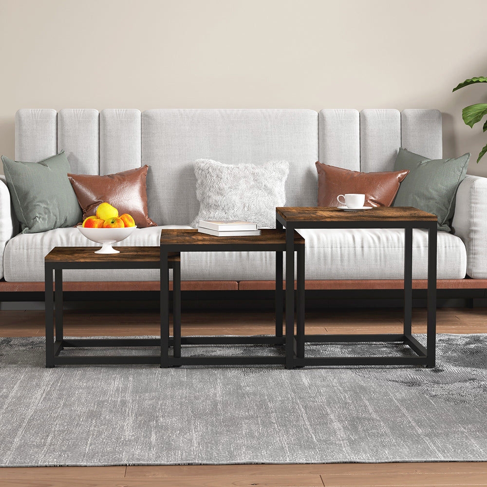Couchtisch 3 Stücke Beistelltisch Quadrat,Couchtisch aus MDF,Satztisch mit Metallrahmen, Sofatisch, Schlafzimmer & Büro,Kaffeetisch, Laptoptisch, einfacher Aufbau, für Wohnzimmer