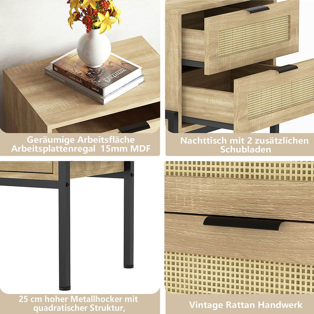 Nachttisch Rattan,Beistelltisch Wohnzimmertisch ,2 Schubladen, Nachtkommode mit Metallrahmenfür Schlafzimmer, Sofatisch,Nebentisch Kaffeetisch mit Ablagefach