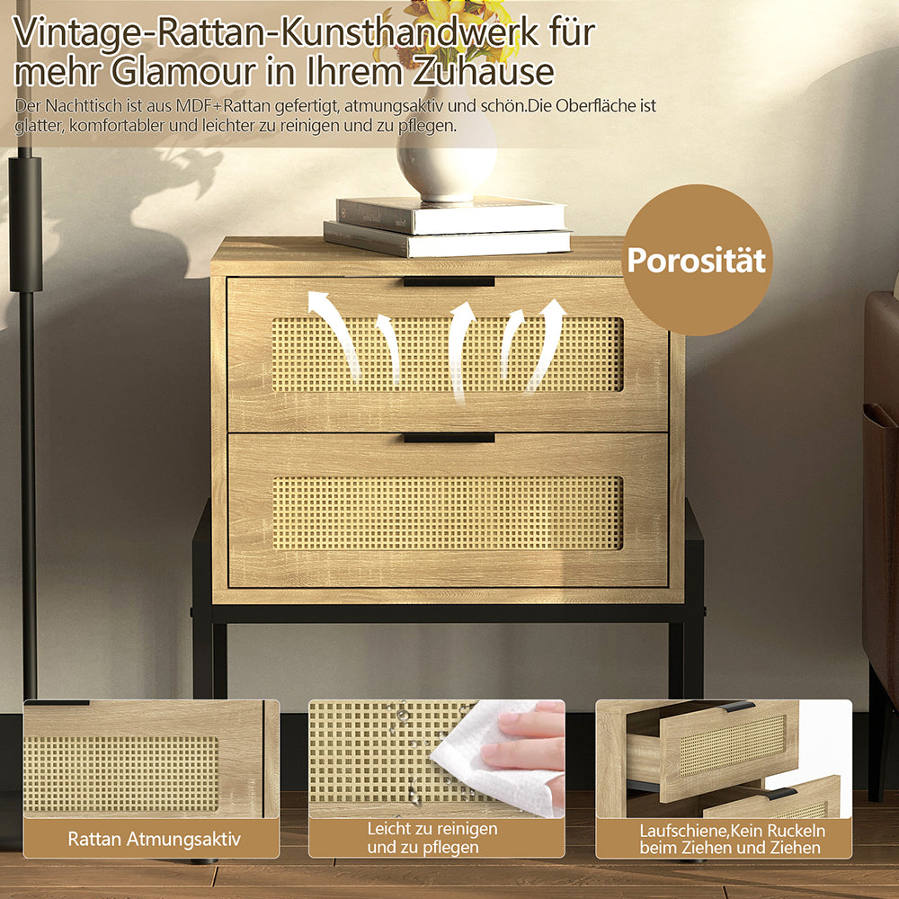 Nachttisch Rattan,Beistelltisch Wohnzimmertisch ,2 Schubladen, Nachtkommode mit Metallrahmenfür Schlafzimmer, Sofatisch,Nebentisch Kaffeetisch mit Ablagefach