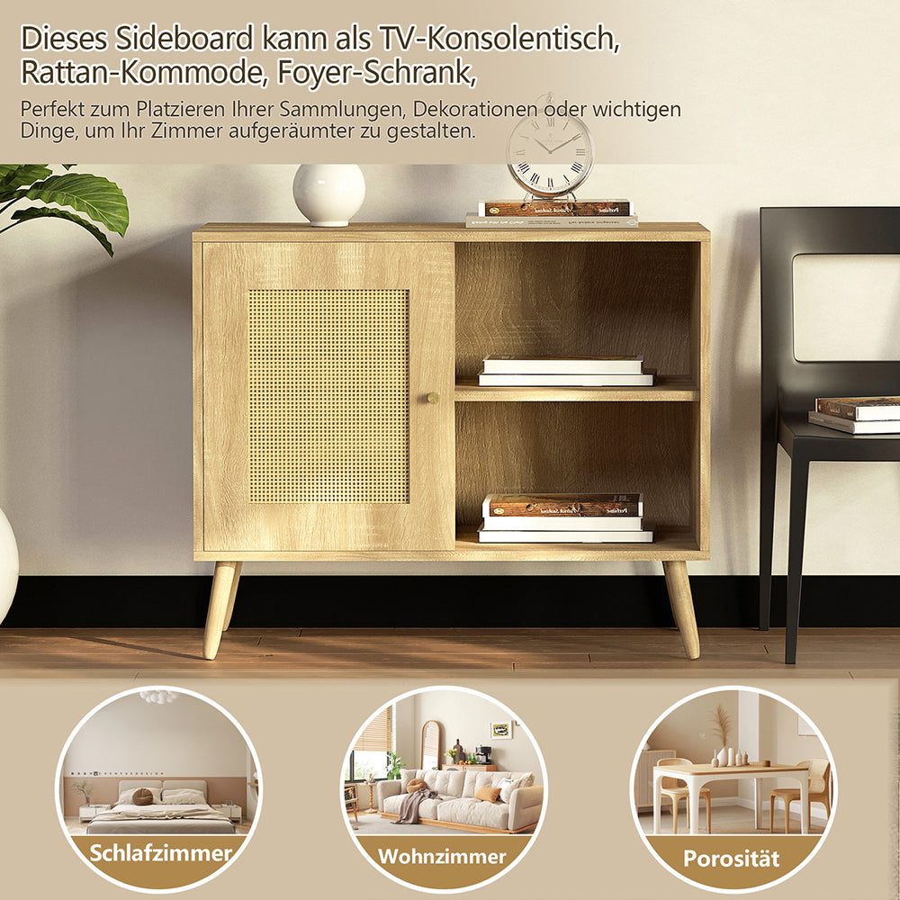 Sideboard Beistellschrank Küchenschrank mit 1 Tür Rattantür,2 Offenen Fächern, Massivholzbeine,Aufbewahrungsschrank, Kommode,Standschrank,Wandschrank für Küchen, Esszimmer, Flure, Wohnzimmer, Badezimmer、Eingangsbereiche und Wohnräumer 66.5x80x39cm