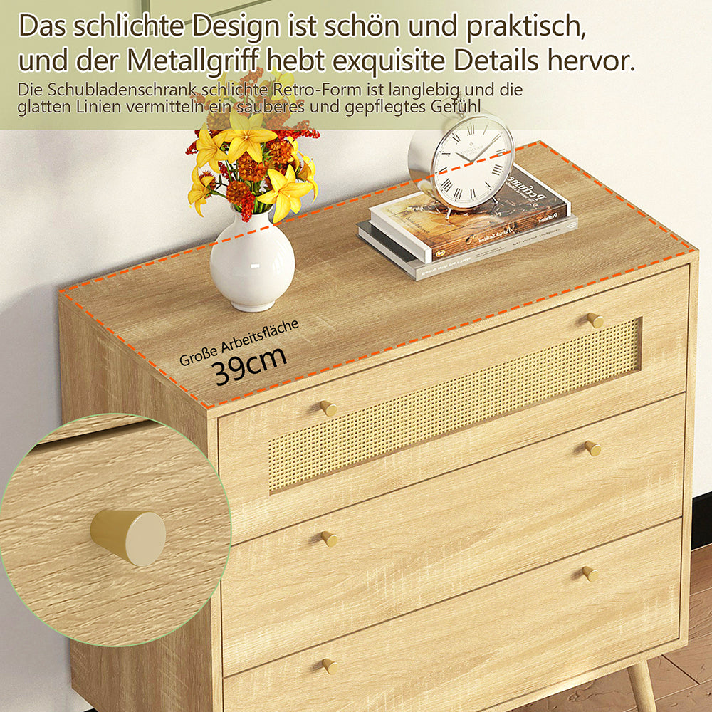 mit 3-Schubladen, Kommode mit Rattantür,Standschrank,Kabinettorganisator für Wohnzimmer, Aufbewahrungsschrank,Speicher-Schubladenschrank, Wandschrank für Esszimmer, Flure, Wohnzimmer, Eingangsbereiche und Wohnräumer 77.5x80x39cm