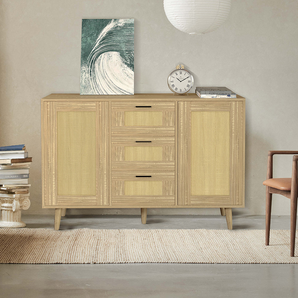 Schubladenkommode Rattantür,Standschrank,Kommode mit 3 Schubladen und 2 Türen,für Schlafzimmer & Wohnräume & Büro, Eingangsbereiche und Wohnräumer,Sideboard Highboard mit viel Stauraum120 x 80.5 x 40cm