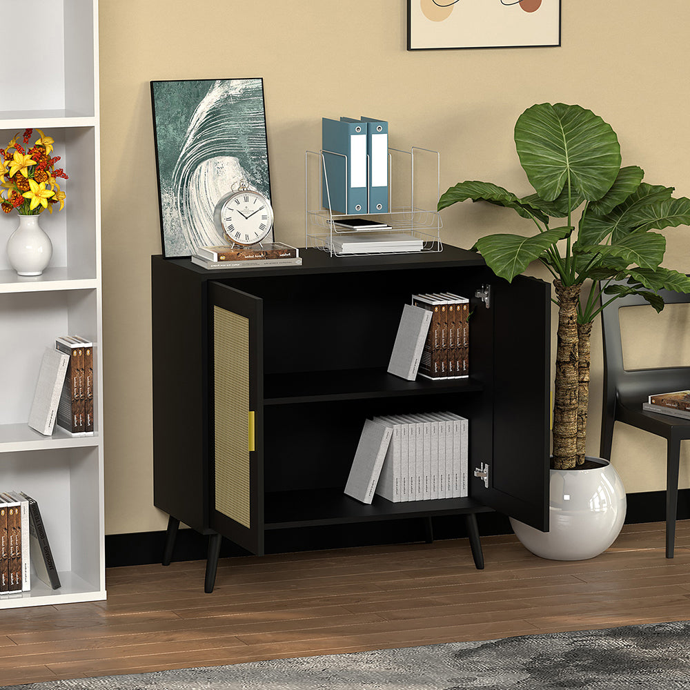 Schrank mit 2 Rattan-Türen,Metallgriff,Küche Akzentschrank mit Massivholzfüßen,Dekorativer Schrank mit Rattantür,Kommode,Standschrank,Sideboard,Aufbewahrungsschrank, Wandschrank für Küchen, Esszimmer, Flure, Wohnzimmer, Badezimmer 81.5x80x40cm