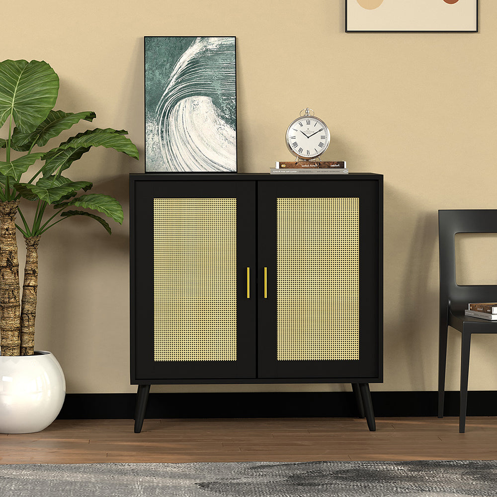 Schrank mit 2 Rattan-Türen,Metallgriff,Küche Akzentschrank mit Massivholzfüßen,Dekorativer Schrank mit Rattantür,Kommode,Standschrank,Sideboard,Aufbewahrungsschrank, Wandschrank für Küchen, Esszimmer, Flure, Wohnzimmer, Badezimmer 81.5x80x40cm