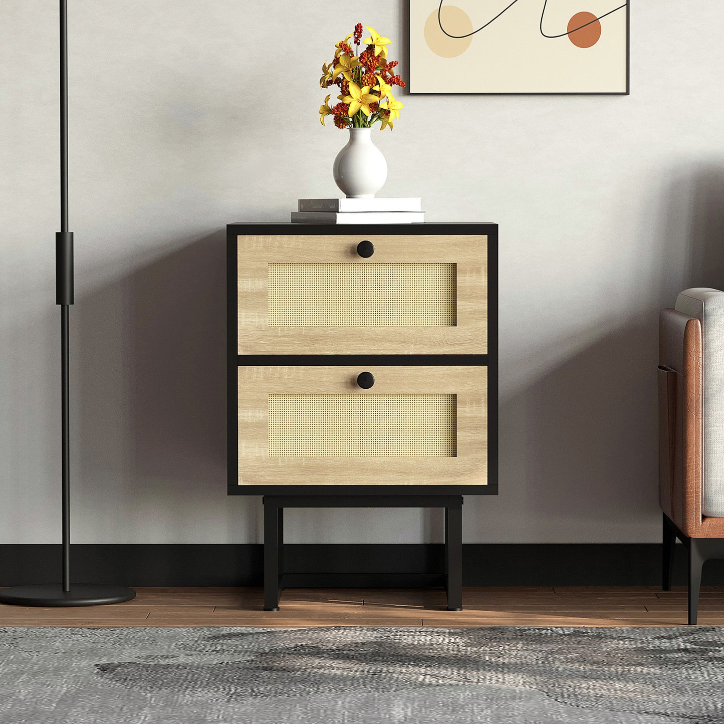 Nachttisch Rattan,Beistelltisch Wohnzimmertisch ,2 Schubladen, Nachtkommode mit Metallrahmenfür Schlafzimmer, Sofatisch,Nebentisch Kaffeetisch mit Ablagefach 57*40*34cm