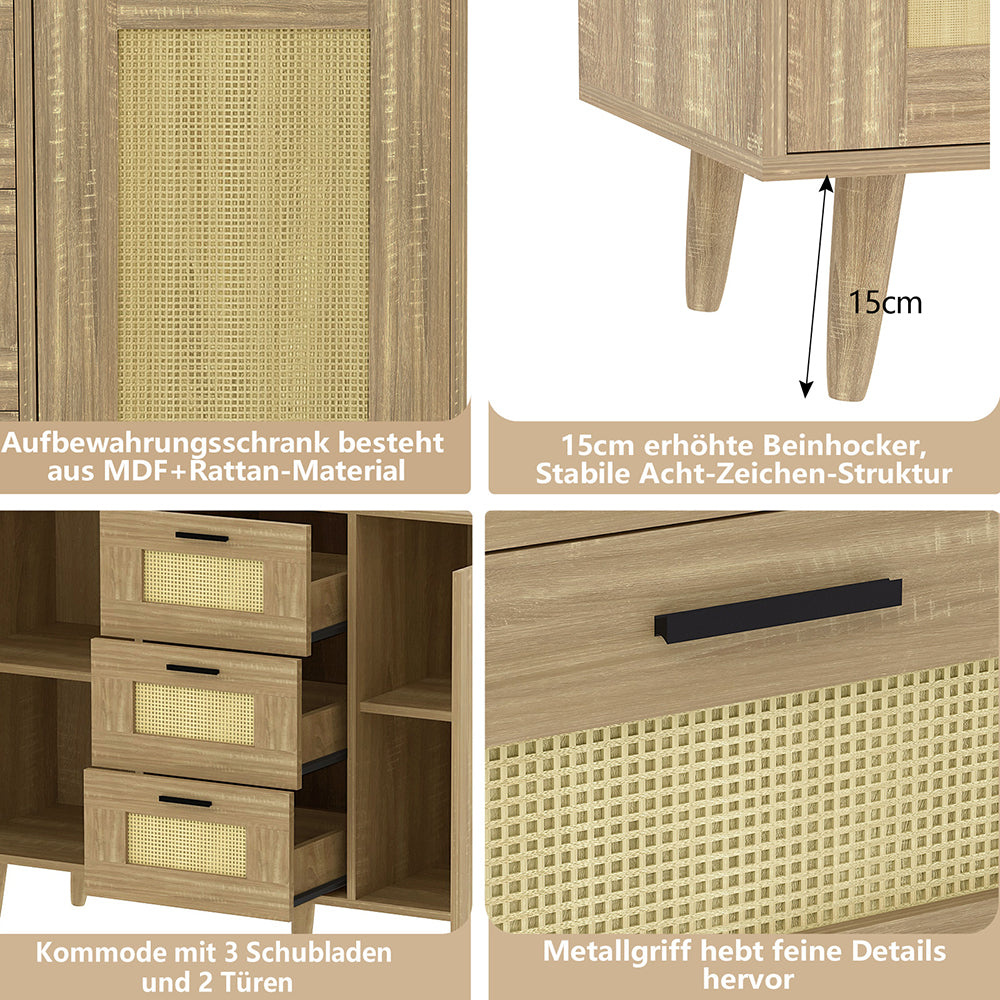 Schubladenkommode Rattantür,Standschrank,Kommode mit 3 Schubladen und 2 Türen,für Schlafzimmer & Wohnräume & Büro, Eingangsbereiche und Wohnräumer,Sideboard Highboard mit viel Stauraum120 x 80.5 x 40cm
