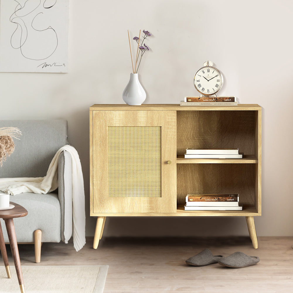 Sideboard Beistellschrank Küchenschrank mit 1 Tür Rattantür,2 Offenen Fächern, Massivholzbeine,Aufbewahrungsschrank, Kommode,Standschrank,Wandschrank für Küchen, Esszimmer, Flure, Wohnzimmer, Badezimmer、Eingangsbereiche und Wohnräumer 66.5x80x39cm
