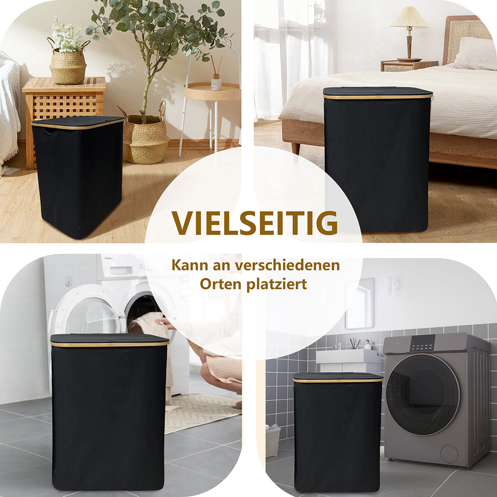 WAOHO Wäschekorb Faltbarer Wäschekorb mit Deckel, 3 Fächer, Wäschesack herausnehmbar, Zusammenklappbar 57X37X75 160L(Schwarz)