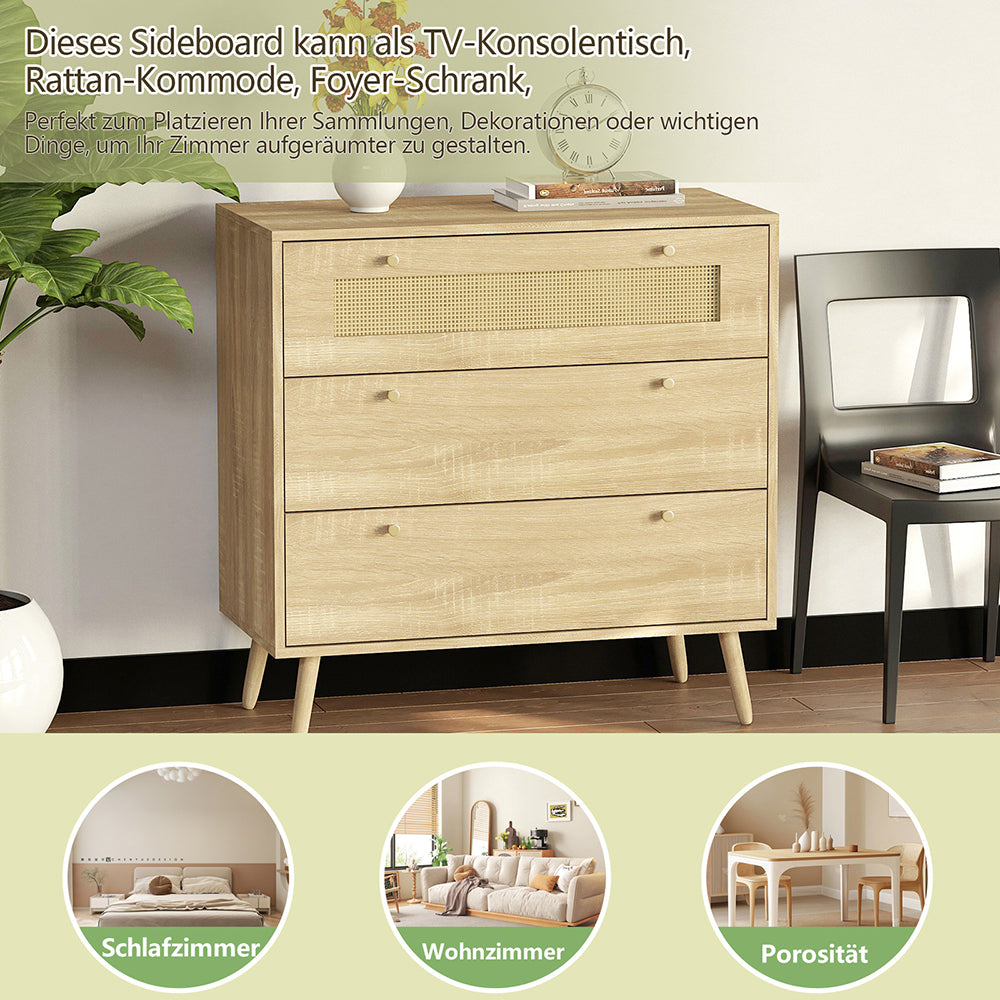 mit 3-Schubladen, Kommode mit Rattantür,Standschrank,Kabinettorganisator für Wohnzimmer, Aufbewahrungsschrank,Speicher-Schubladenschrank, Wandschrank für Esszimmer, Flure, Wohnzimmer, Eingangsbereiche und Wohnräumer 77.5x80x39cm