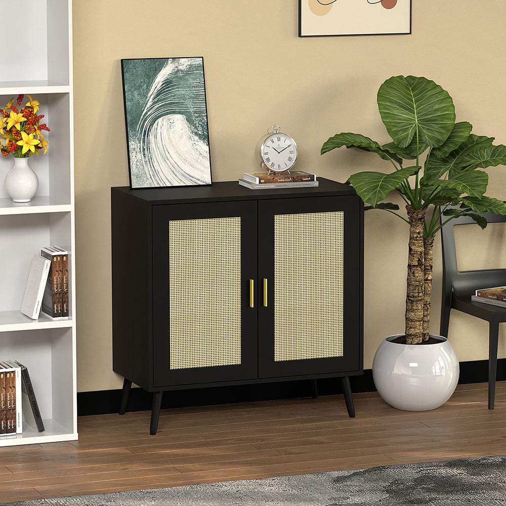 Schrank mit 2 Rattan-Türen,Metallgriff,Küche Akzentschrank mit Massivholzfüßen,Dekorativer Schrank mit Rattantür,Kommode,Standschrank,Sideboard,Aufbewahrungsschrank, Wandschrank für Küchen, Esszimmer, Flure, Wohnzimmer, Badezimmer 81.5x80x40cm