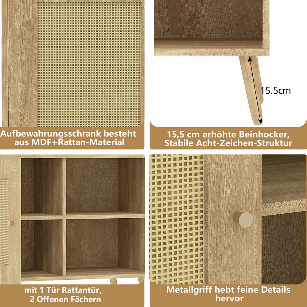 Sideboard Beistellschrank Küchenschrank mit 1 Tür Rattantür,2 Offenen Fächern, Massivholzbeine,Aufbewahrungsschrank, Kommode,Standschrank,Wandschrank für Küchen, Esszimmer, Flure, Wohnzimmer, Badezimmer、Eingangsbereiche und Wohnräumer 66.5x80x39cm