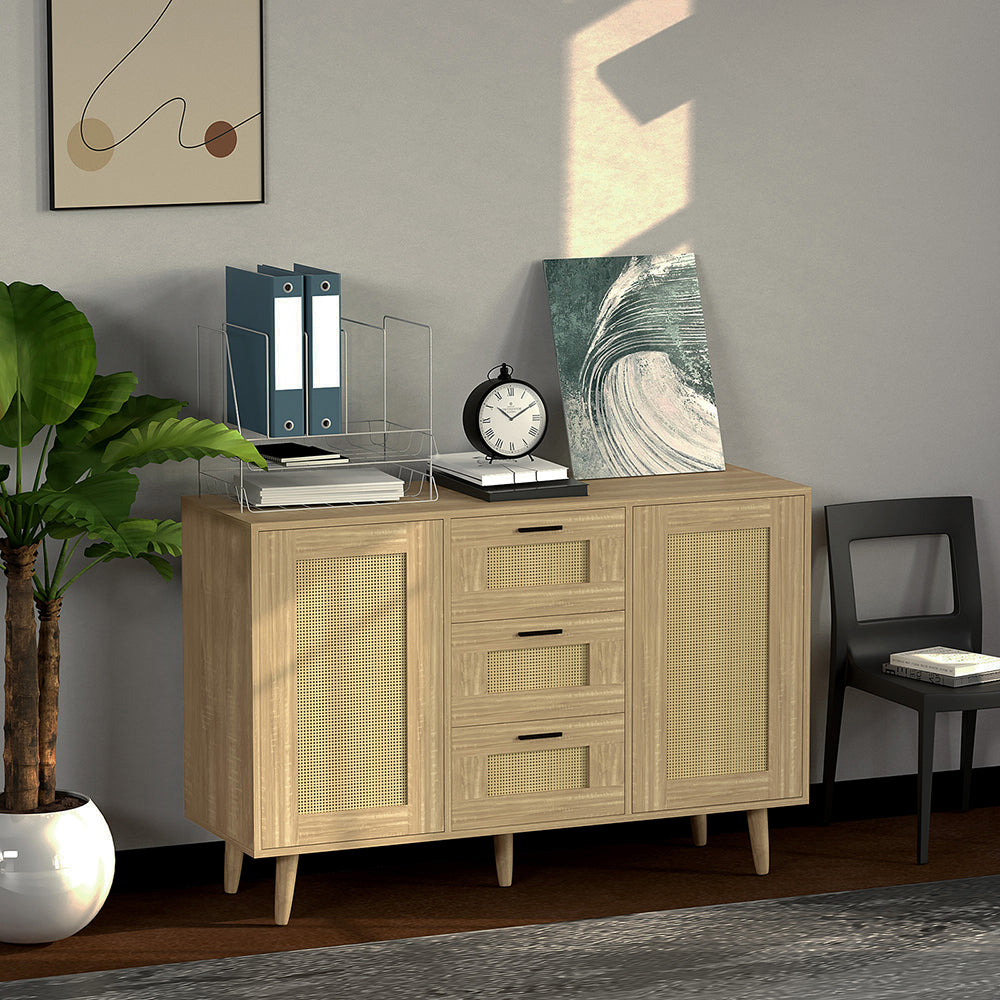 Schubladenkommode Rattantür,Standschrank,Kommode mit 3 Schubladen und 2 Türen,für Schlafzimmer & Wohnräume & Büro, Eingangsbereiche und Wohnräumer,Sideboard Highboard mit viel Stauraum120 x 80.5 x 40cm