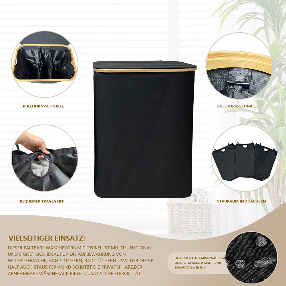 WAOHO Wäschekorb Faltbarer Wäschekorb mit Deckel, 3 Fächer, Wäschesack herausnehmbar, Zusammenklappbar 57X37X75 160L(Schwarz)