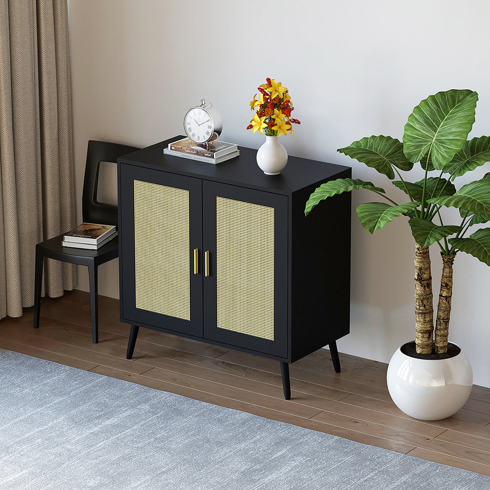 Schrank mit 2 Rattan-Türen,Metallgriff,Küche Akzentschrank mit Massivholzfüßen,Dekorativer Schrank mit Rattantür,Kommode,Standschrank,Sideboard,Aufbewahrungsschrank, Wandschrank für Küchen, Esszimmer, Flure, Wohnzimmer, Badezimmer 81.5x80x40cm