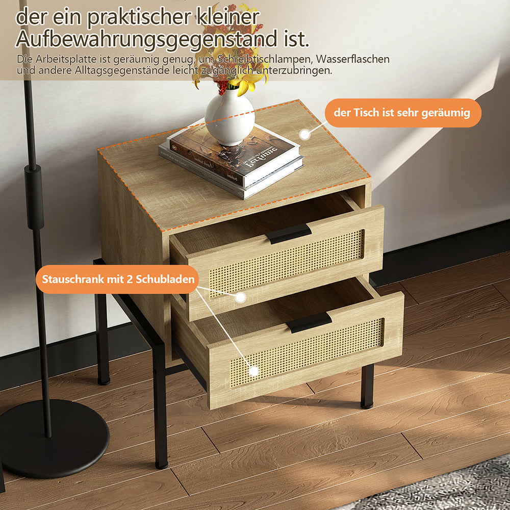 Nachttisch Rattan,Beistelltisch Wohnzimmertisch ,2 Schubladen, Nachtkommode mit Metallrahmenfür Schlafzimmer, Sofatisch,Nebentisch Kaffeetisch mit Ablagefach