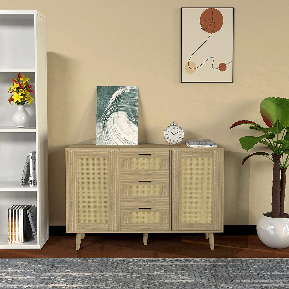 Schubladenkommode Rattantür,Standschrank,Kommode mit 3 Schubladen und 2 Türen,für Schlafzimmer & Wohnräume & Büro, Eingangsbereiche und Wohnräumer,Sideboard Highboard mit viel Stauraum120 x 80.5 x 40cm