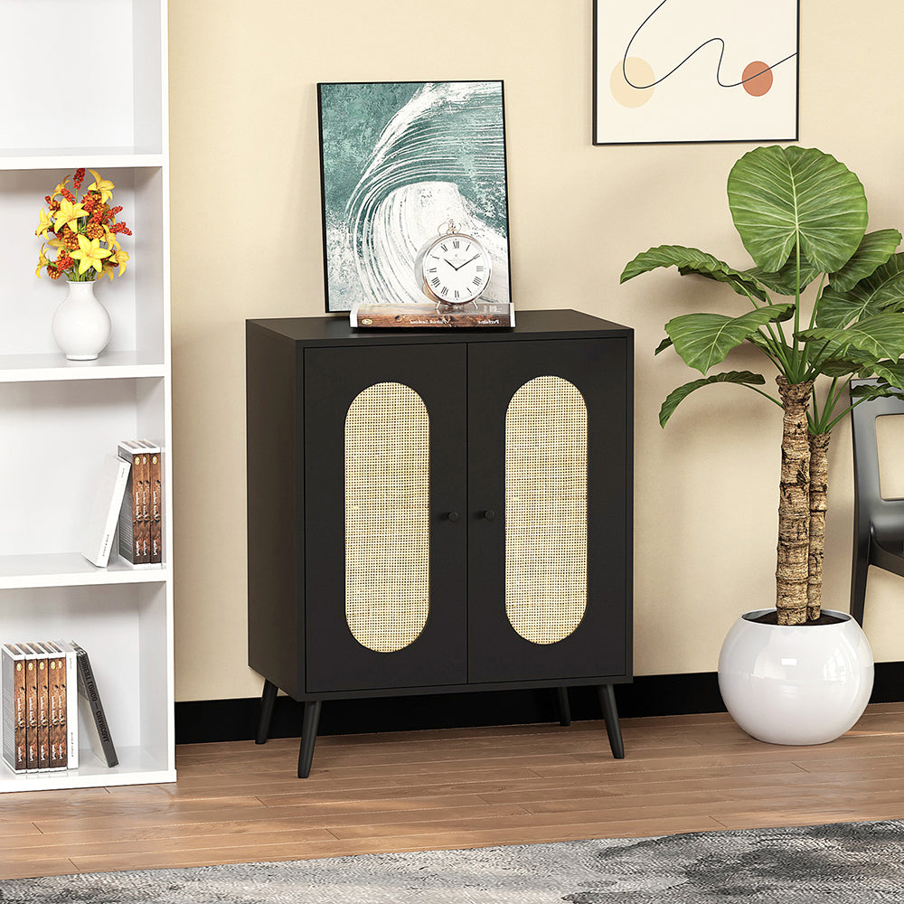 Schrank mit 2 Rattan-Türen,Küche Akzentschrank mit Massivholzfüßen,Dekorativer Schrank mit Rattantür,Kommode,Standschrank,Sideboard,Aufbewahrungsschrank, Wandschrank für Küchen, Esszimmer, Flure, Wohnzimmer, Badezimmer、Eingangsbereiche 83x68x40cm