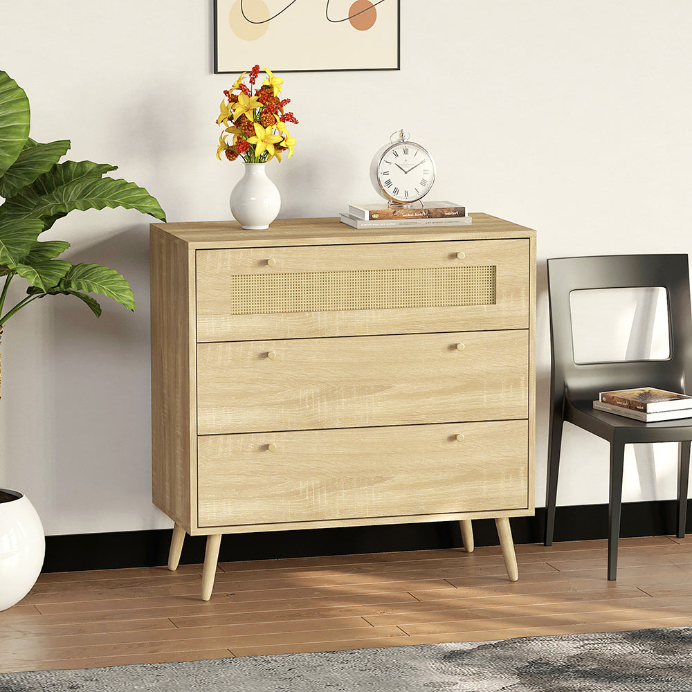 mit 3-Schubladen, Kommode mit Rattantür,Standschrank,Kabinettorganisator für Wohnzimmer, Aufbewahrungsschrank,Speicher-Schubladenschrank, Wandschrank für Esszimmer, Flure, Wohnzimmer, Eingangsbereiche und Wohnräumer 77.5x80x39cm