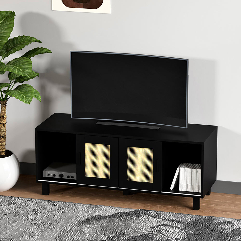 TV Lowboard,TV-Schrank mit 2 Schiebetüren aus Rattantüren,Moderner TV Sideboard,Aufbewahrungsschrank,Standschrank,für Wohnzimmer, Esszimmer, Schlafzimmer,Fernsehschrank für Wohnzimmer 115x40x48cm
