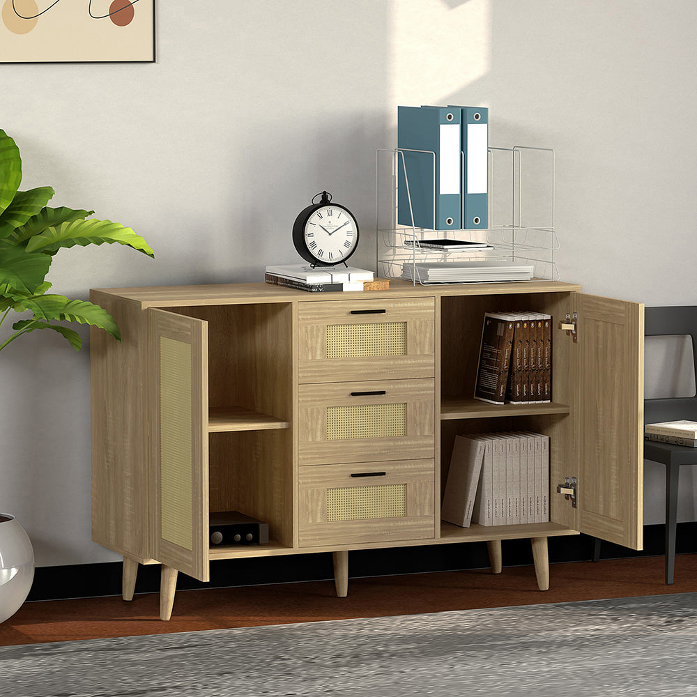 Schubladenkommode Rattantür,Standschrank,Kommode mit 3 Schubladen und 2 Türen,für Schlafzimmer & Wohnräume & Büro, Eingangsbereiche und Wohnräumer,Sideboard Highboard mit viel Stauraum120 x 80.5 x 40cm