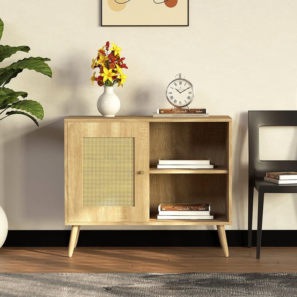 Sideboard Beistellschrank Küchenschrank mit 1 Tür Rattantür,2 Offenen Fächern, Massivholzbeine,Aufbewahrungsschrank, Kommode,Standschrank,Wandschrank für Küchen, Esszimmer, Flure, Wohnzimmer, Badezimmer、Eingangsbereiche und Wohnräumer 66.5x80x39cm