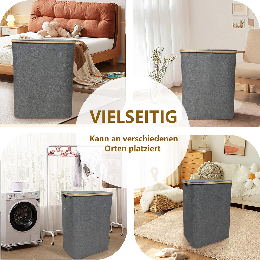 WAOHO Wäschekorb Faltbarer Wäschekorb mit Deckel, 3 Fächer, Wäschesack herausnehmbar, Zusammenklappbar 57X37X75 160L(Grau)
