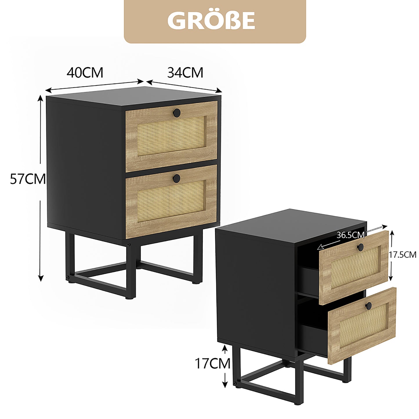 Nachttisch Rattan,Beistelltisch Wohnzimmertisch ,2 Schubladen, Nachtkommode mit Metallrahmenfür Schlafzimmer, Sofatisch,Nebentisch Kaffeetisch mit Ablagefach 57*40*34cm