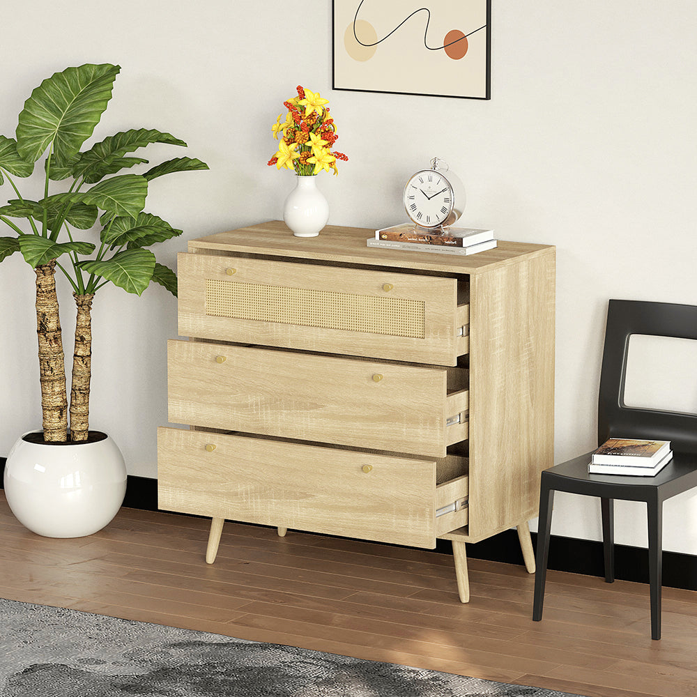 mit 3-Schubladen, Kommode mit Rattantür,Standschrank,Kabinettorganisator für Wohnzimmer, Aufbewahrungsschrank,Speicher-Schubladenschrank, Wandschrank für Esszimmer, Flure, Wohnzimmer, Eingangsbereiche und Wohnräumer 77.5x80x39cm