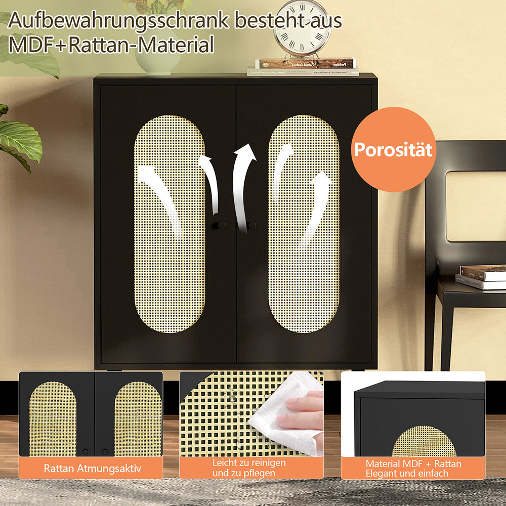 Schrank mit 2 Rattan-Türen,Küche Akzentschrank mit Massivholzfüßen,Dekorativer Schrank mit Rattantür,Kommode,Standschrank,Sideboard,Aufbewahrungsschrank, Wandschrank für Küchen, Esszimmer, Flure, Wohnzimmer, Badezimmer、Eingangsbereiche 83x68x40cm