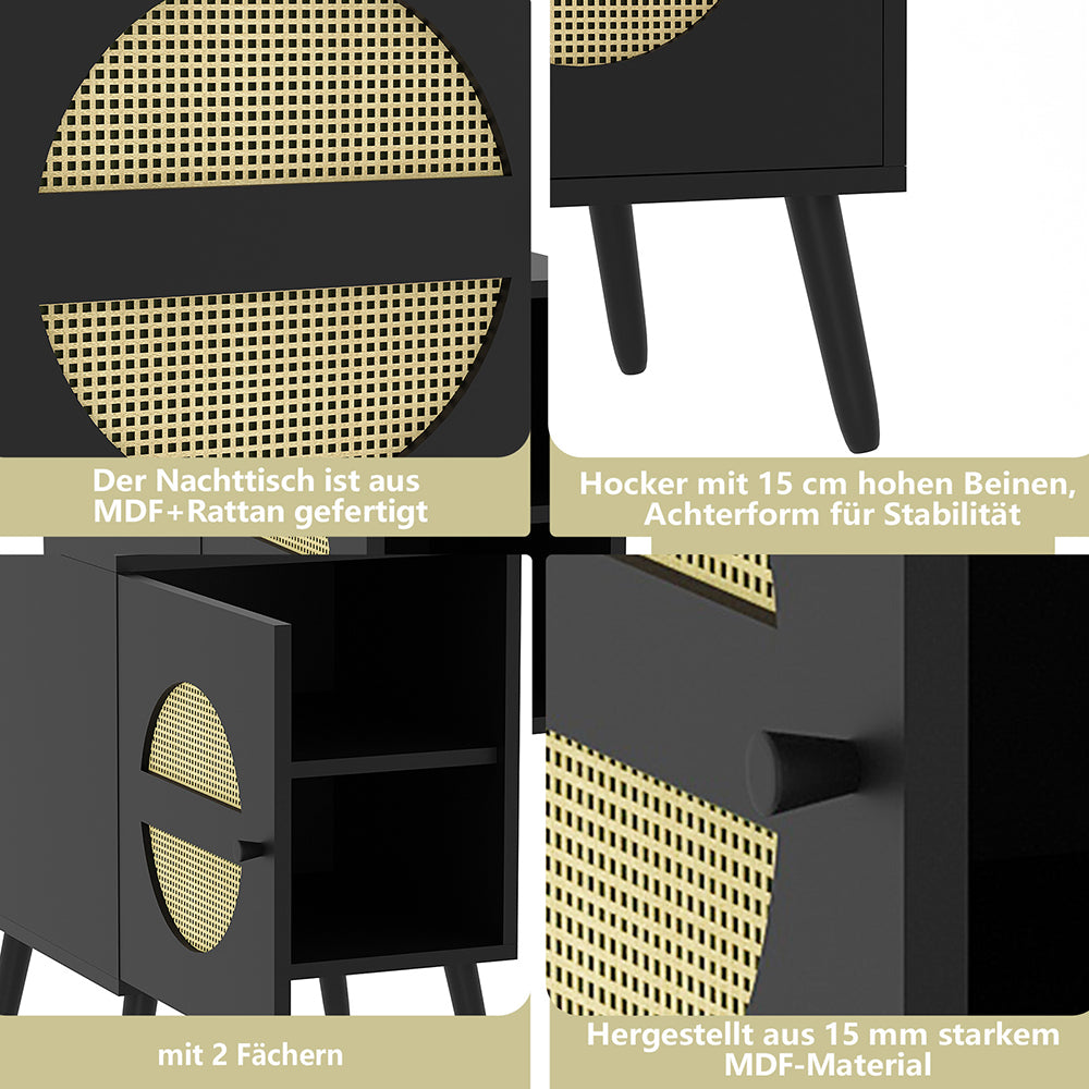 Nachttisch Rattan, Beistelltisch Wohnzimmertisch , Schließfach mit 2 Fächern,Nachtkommode mit Holz Beine für Schlafzimmer, Sofatisch,Nebentisch Kaffeetisch mit Ablagefach 40x40x55.5cm