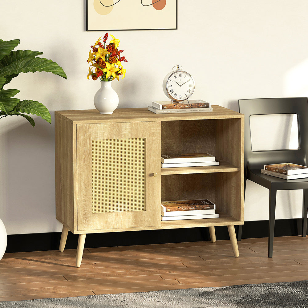 Sideboard Beistellschrank Küchenschrank mit 1 Tür Rattantür,2 Offenen Fächern, Massivholzbeine,Aufbewahrungsschrank, Kommode,Standschrank,Wandschrank für Küchen, Esszimmer, Flure, Wohnzimmer, Badezimmer、Eingangsbereiche und Wohnräumer 66.5x80x39cm