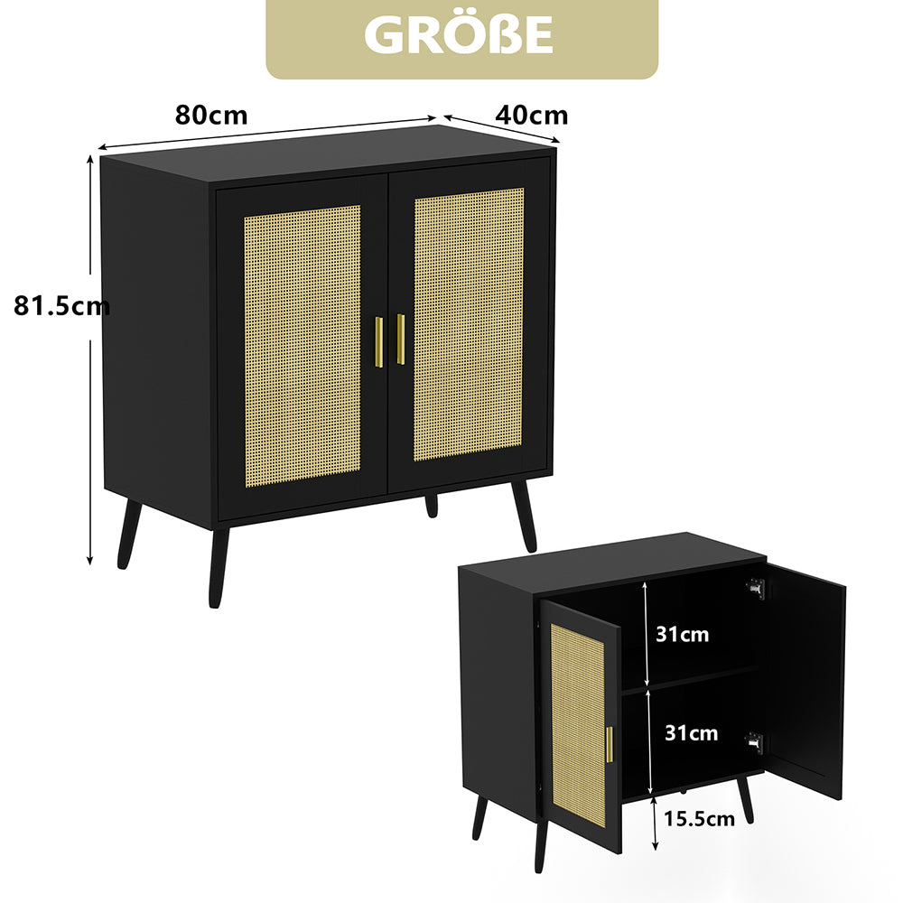 Schrank mit 2 Rattan-Türen,Metallgriff,Küche Akzentschrank mit Massivholzfüßen,Dekorativer Schrank mit Rattantür,Kommode,Standschrank,Sideboard,Aufbewahrungsschrank, Wandschrank für Küchen, Esszimmer, Flure, Wohnzimmer, Badezimmer 81.5x80x40cm