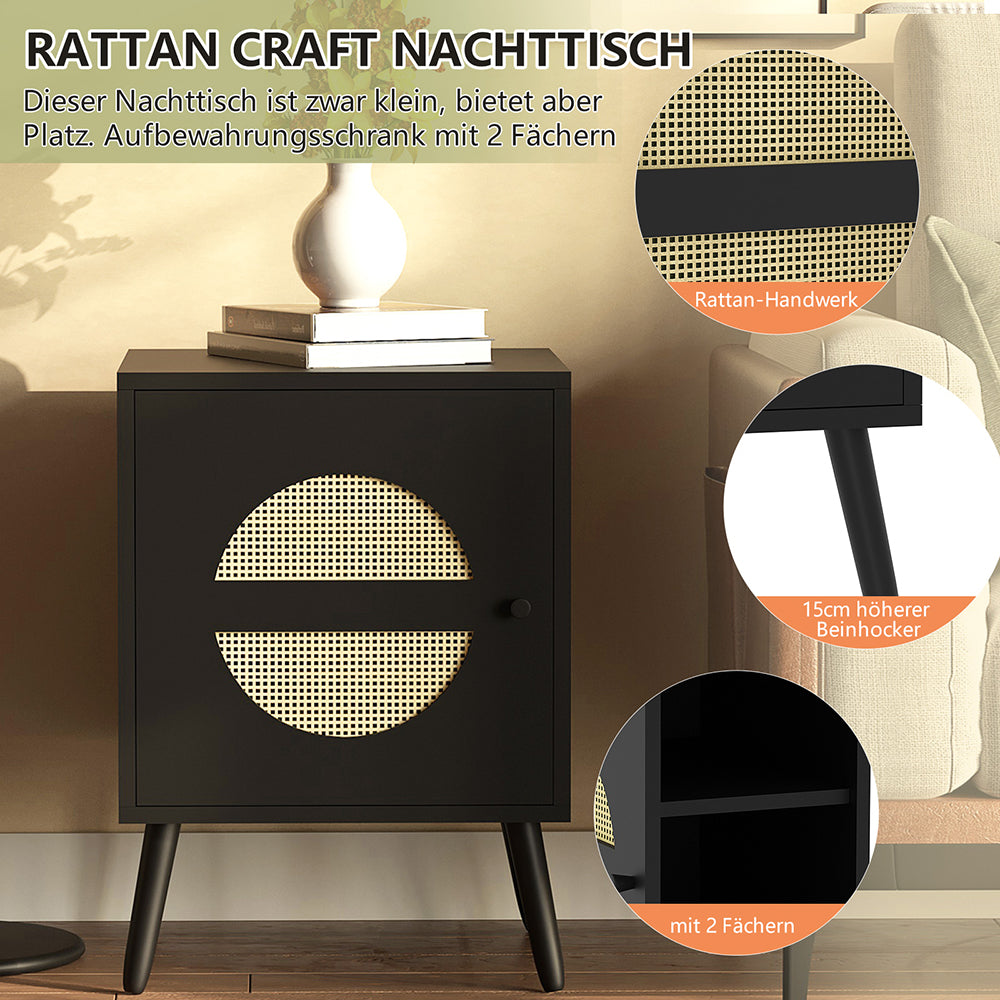 Nachttisch Rattan, Beistelltisch Wohnzimmertisch , Schließfach mit 2 Fächern,Nachtkommode mit Holz Beine für Schlafzimmer, Sofatisch,Nebentisch Kaffeetisch mit Ablagefach 40x40x55.5cm