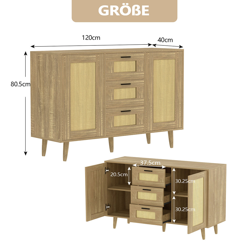 Schubladenkommode Rattantür,Standschrank,Kommode mit 3 Schubladen und 2 Türen,für Schlafzimmer & Wohnräume & Büro, Eingangsbereiche und Wohnräumer,Sideboard Highboard mit viel Stauraum120 x 80.5 x 40cm
