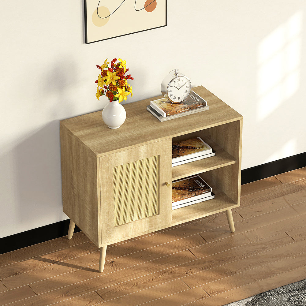 Sideboard Beistellschrank Küchenschrank mit 1 Tür Rattantür,2 Offenen Fächern, Massivholzbeine,Aufbewahrungsschrank, Kommode,Standschrank,Wandschrank für Küchen, Esszimmer, Flure, Wohnzimmer, Badezimmer、Eingangsbereiche und Wohnräumer 66.5x80x39cm