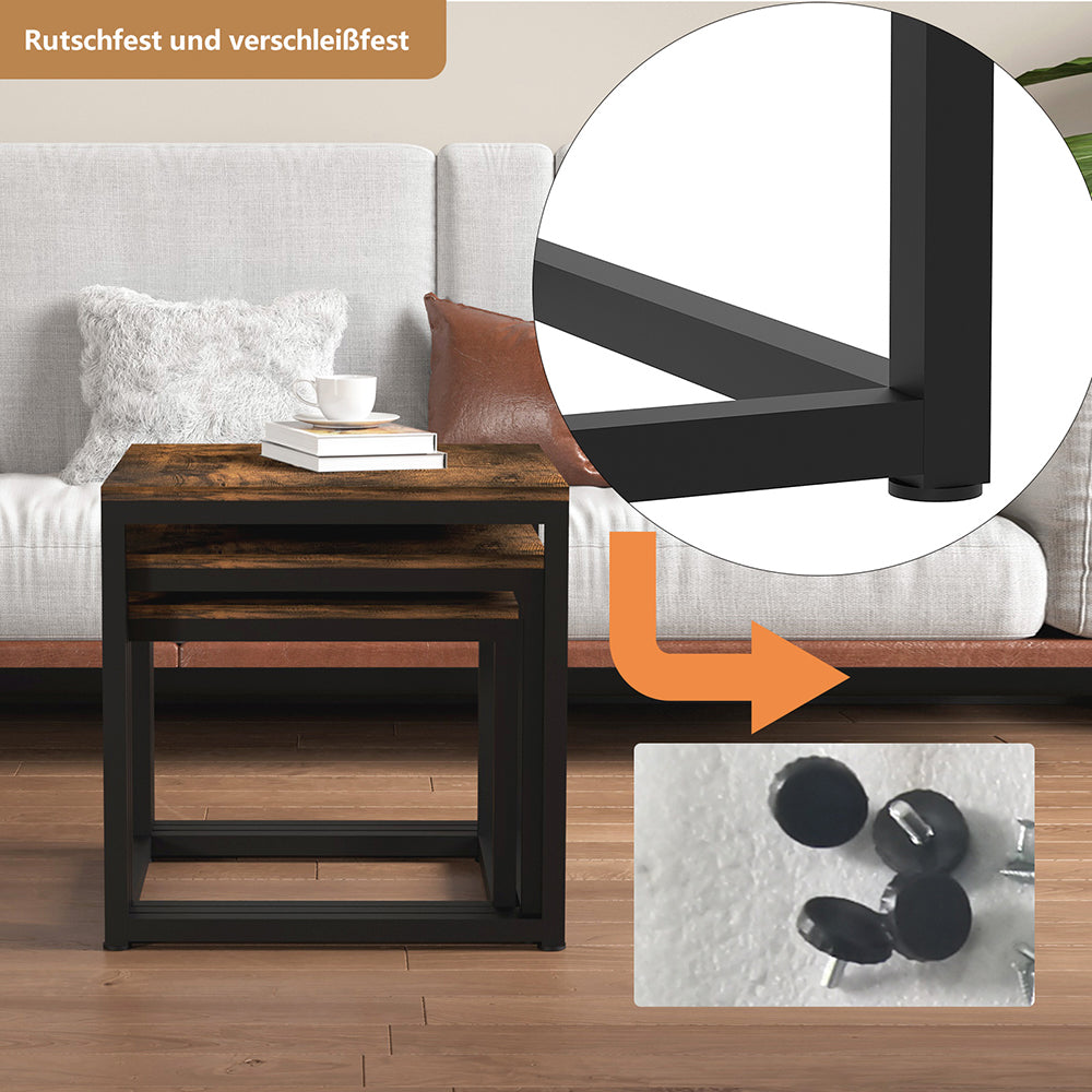 Couchtisch 3 Stücke Beistelltisch Quadrat,Couchtisch aus MDF,Satztisch mit Metallrahmen, Sofatisch, Schlafzimmer & Büro,Kaffeetisch, Laptoptisch, einfacher Aufbau, für Wohnzimmer