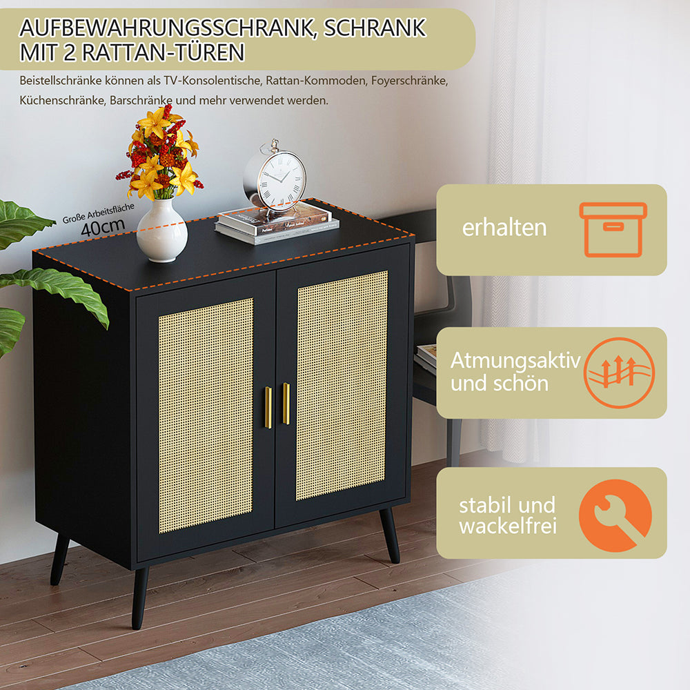 Schrank mit 2 Rattan-Türen,Metallgriff,Küche Akzentschrank mit Massivholzfüßen,Dekorativer Schrank mit Rattantür,Kommode,Standschrank,Sideboard,Aufbewahrungsschrank, Wandschrank für Küchen, Esszimmer, Flure, Wohnzimmer, Badezimmer 81.5x80x40cm