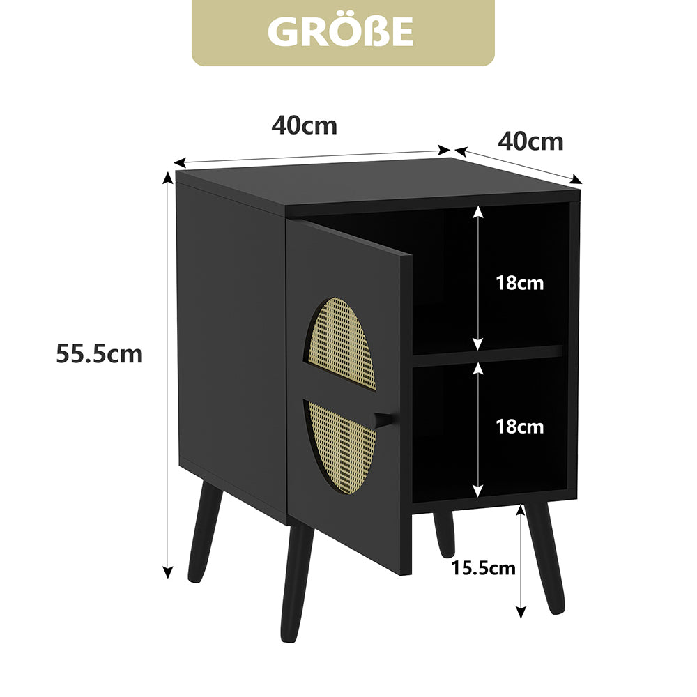 Nachttisch Rattan, Beistelltisch Wohnzimmertisch , Schließfach mit 2 Fächern,Nachtkommode mit Holz Beine für Schlafzimmer, Sofatisch,Nebentisch Kaffeetisch mit Ablagefach 40x40x55.5cm
