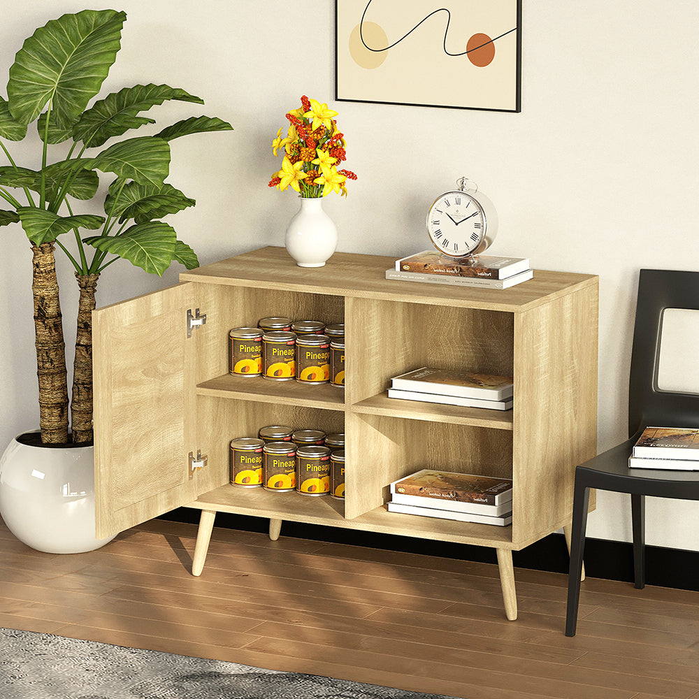 Sideboard Beistellschrank Küchenschrank mit 1 Tür Rattantür,2 Offenen Fächern, Massivholzbeine,Aufbewahrungsschrank, Kommode,Standschrank,Wandschrank für Küchen, Esszimmer, Flure, Wohnzimmer, Badezimmer、Eingangsbereiche und Wohnräumer 66.5x80x39cm