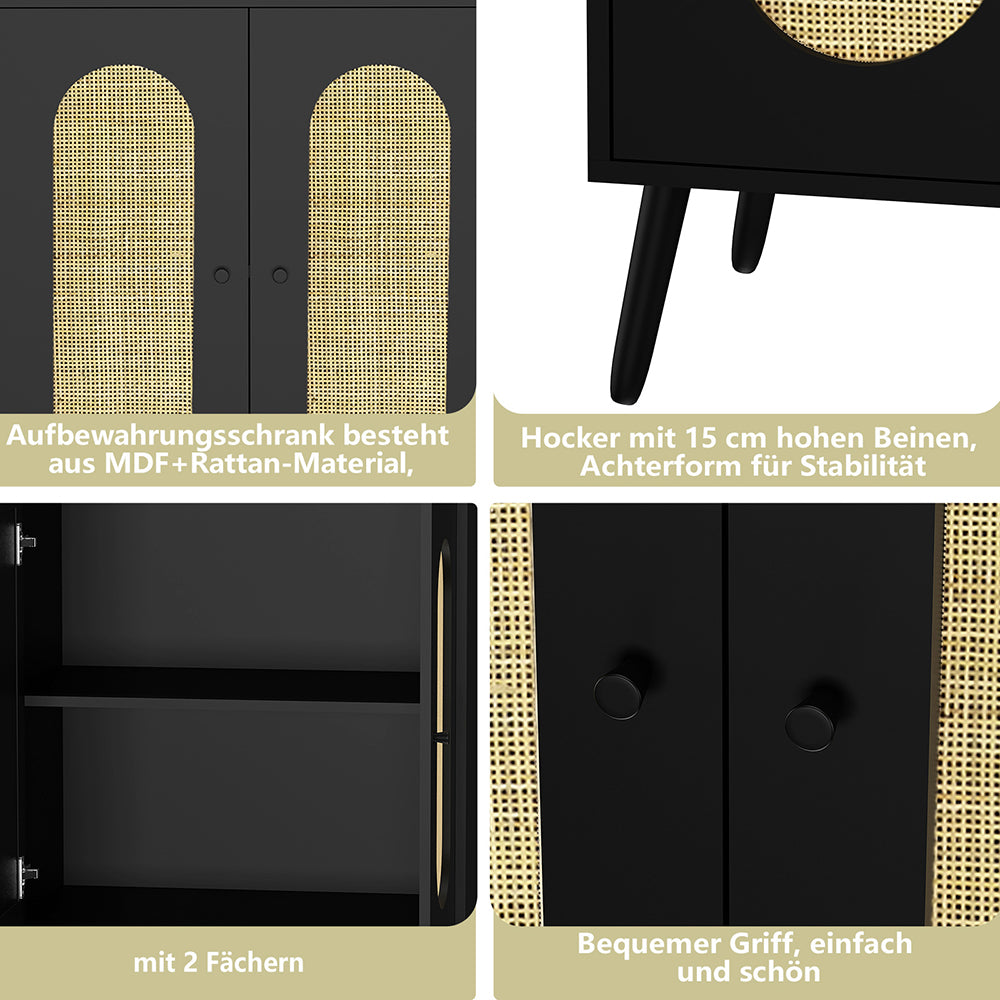 Schrank mit 2 Rattan-Türen,Küche Akzentschrank mit Massivholzfüßen,Dekorativer Schrank mit Rattantür,Kommode,Standschrank,Sideboard,Aufbewahrungsschrank, Wandschrank für Küchen, Esszimmer, Flure, Wohnzimmer, Badezimmer、Eingangsbereiche 83x68x40cm