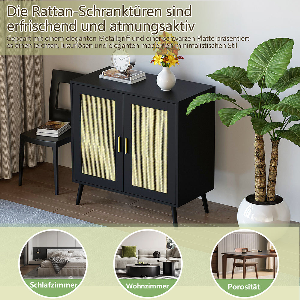 Schrank mit 2 Rattan-Türen,Metallgriff,Küche Akzentschrank mit Massivholzfüßen,Dekorativer Schrank mit Rattantür,Kommode,Standschrank,Sideboard,Aufbewahrungsschrank, Wandschrank für Küchen, Esszimmer, Flure, Wohnzimmer, Badezimmer 81.5x80x40cm