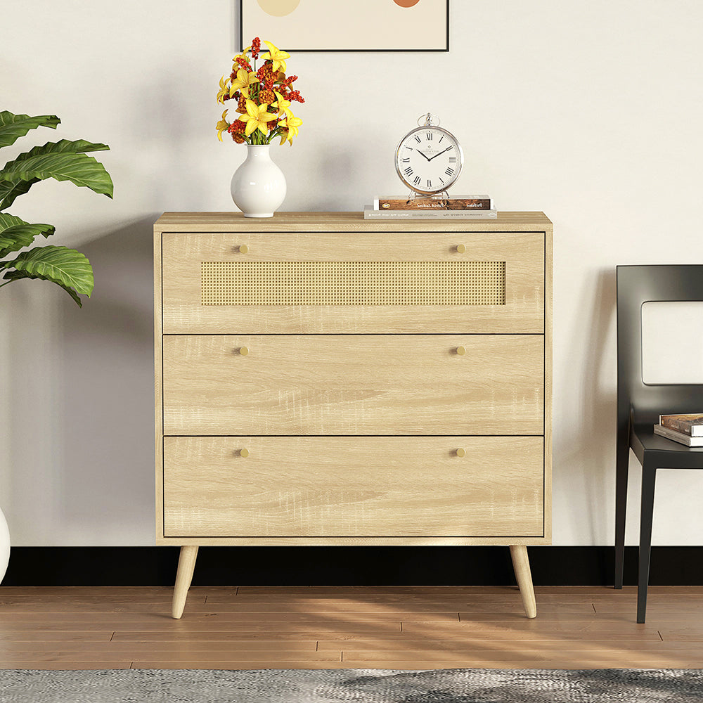 mit 3-Schubladen, Kommode mit Rattantür,Standschrank,Kabinettorganisator für Wohnzimmer, Aufbewahrungsschrank,Speicher-Schubladenschrank, Wandschrank für Esszimmer, Flure, Wohnzimmer, Eingangsbereiche und Wohnräumer 77.5x80x39cm
