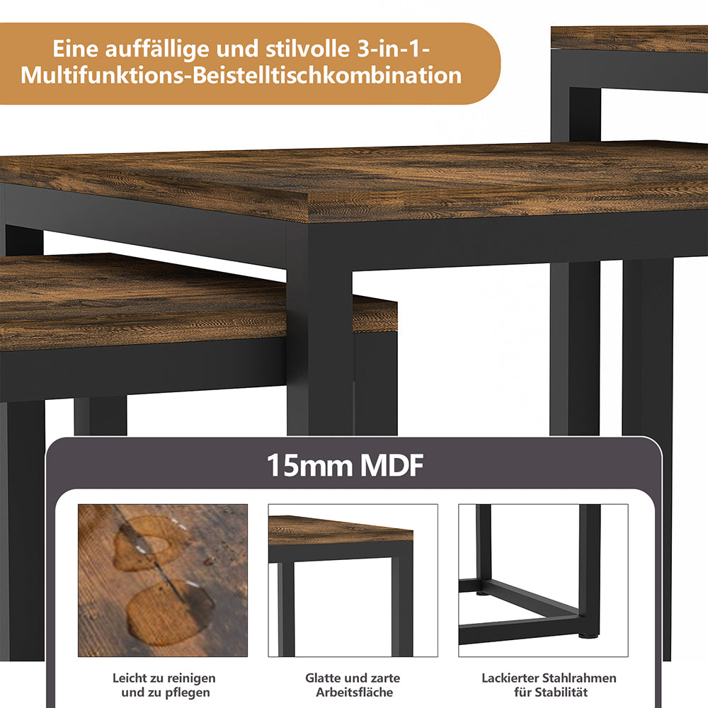 Couchtisch 3 Stücke Beistelltisch Quadrat,Couchtisch aus MDF,Satztisch mit Metallrahmen, Sofatisch, Schlafzimmer & Büro,Kaffeetisch, Laptoptisch, einfacher Aufbau, für Wohnzimmer