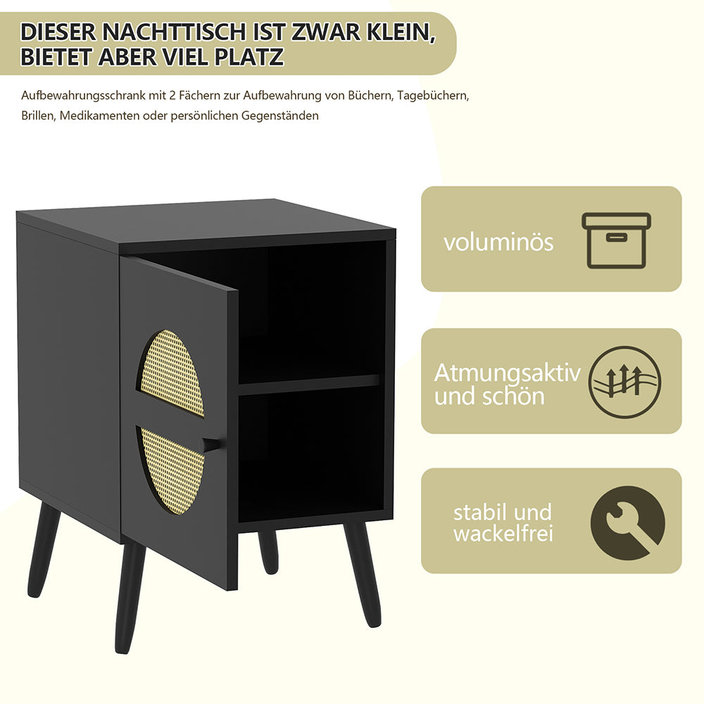 Nachttisch Rattan, Beistelltisch Wohnzimmertisch , Schließfach mit 2 Fächern,Nachtkommode mit Holz Beine für Schlafzimmer, Sofatisch,Nebentisch Kaffeetisch mit Ablagefach 40x40x55.5cm