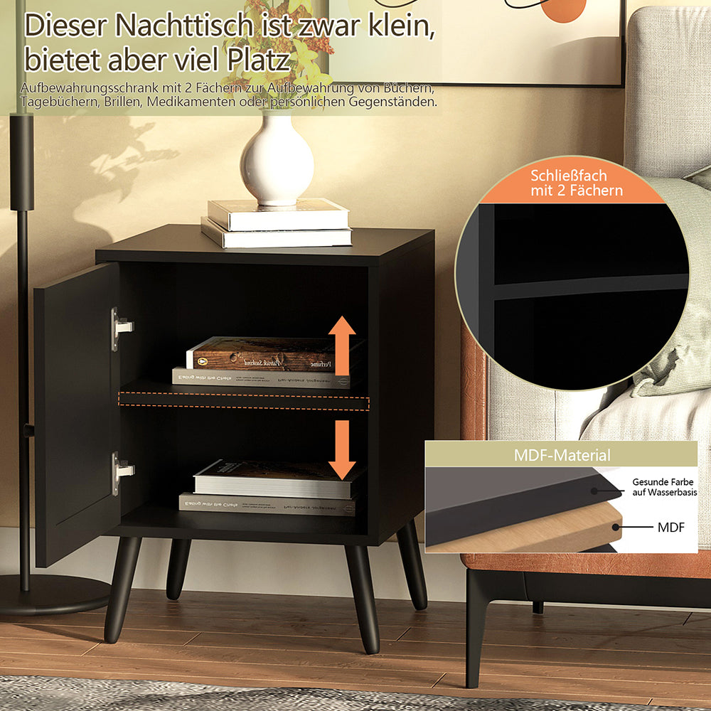 Nachttisch Rattan, Beistelltisch Wohnzimmertisch , Schließfach mit 2 Fächern,Nachtkommode mit Holz Beine für Schlafzimmer, Sofatisch,Nebentisch Kaffeetisch mit Ablagefach 40x40x55.5cm